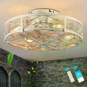 Ceiling Fan, 20" Caged Farmhouse Flush Mount with Light and Remote Control Bladeless Low Profile, Ceiling Fan (Color: White Brush Gold)
